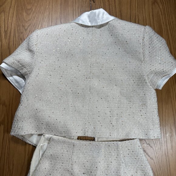 MABLE White Tweed Skirt Suit Set Pearl Button Satin Collar – Size S - Picture 9 of 13
